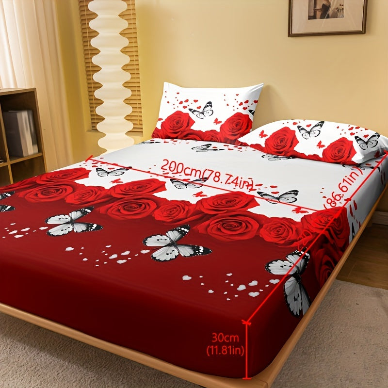 Red Rose Print Fitted Sheet Deep Pocket Mattress Protector Bedding