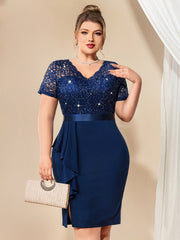 Plus Size Women's Sequin Lace Ruffle V-Neck Bodycon Dress Cocktail Party