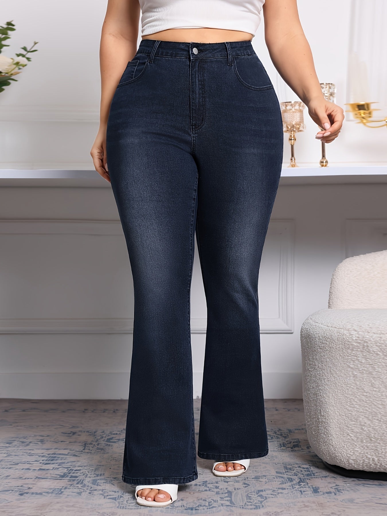 Women's Plus Size Flare Leg Washed Denim Pants with Zipper Button Closure