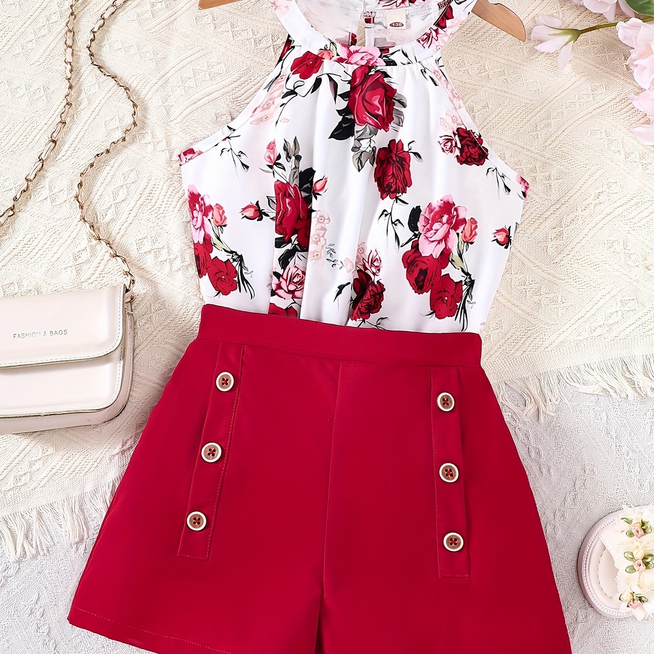 Yozgi faoliyatlar yoki sovg'alar uchun yurak, gullar va kapalak grafikalariga ega bo'lgan halter tepa va tugmachali shortlardan iborat 2-qismli to'plam.