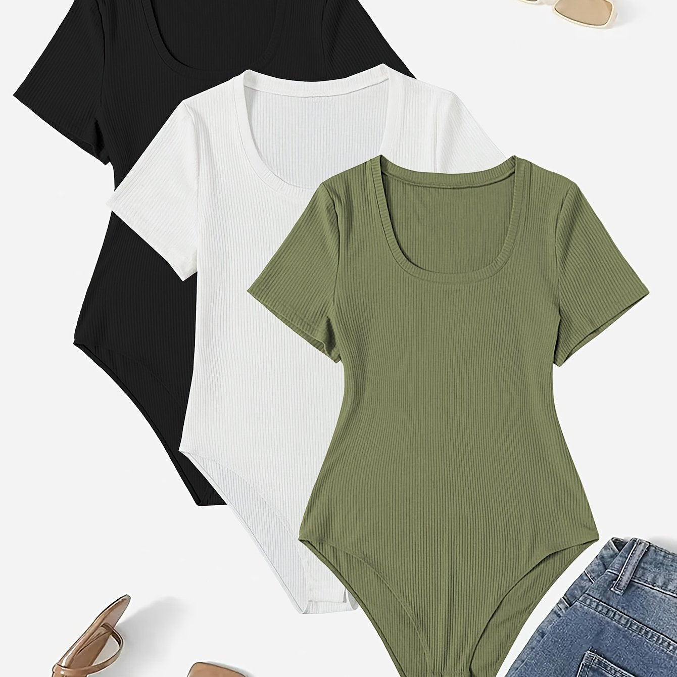 Ayollar uchun kengaytirilgan o'lchamli elastik bodysuitlar, bir rangli, kruj neck, qisqa qo'lli to'plam