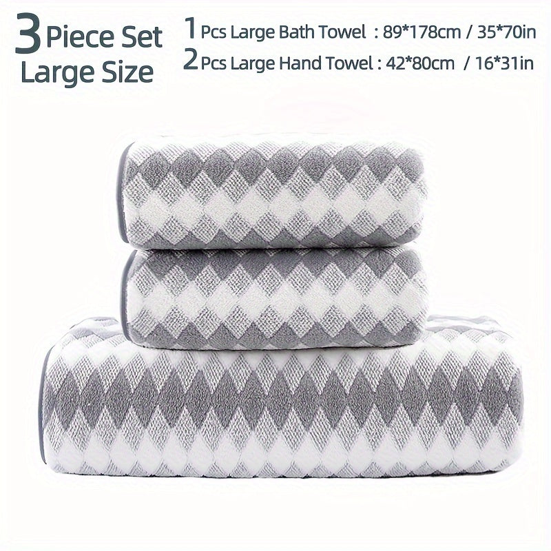 Plaid Pattern Towel Set Coral Velvet 2 Bath Towels 1 Hand Towel Absorbent