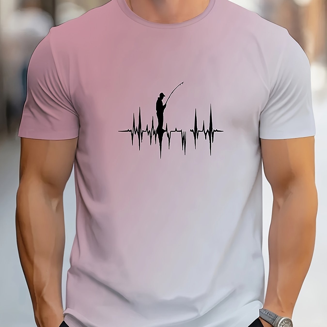 Erkaklar uchun tasodifiy baliq ovlash printli futbolka, cho'ziluvchan mato va dumaloq bo'yin bilan, yozgi ko'cha uslubi uchun mukammal.