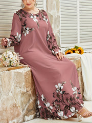 Pink Floral Ankle-Length Dress with Long Sleeves and Round Neck for Spring Summer Fall