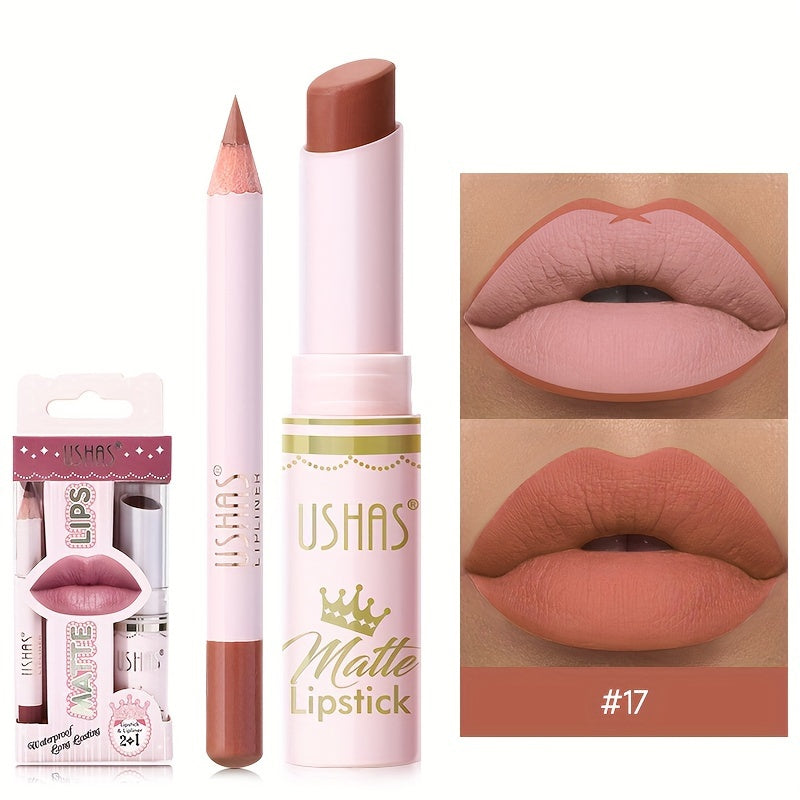 Set de lápiz labial mate y perfilador de labios para mujer, a prueba de agua, tono nude, con alto pigmento
