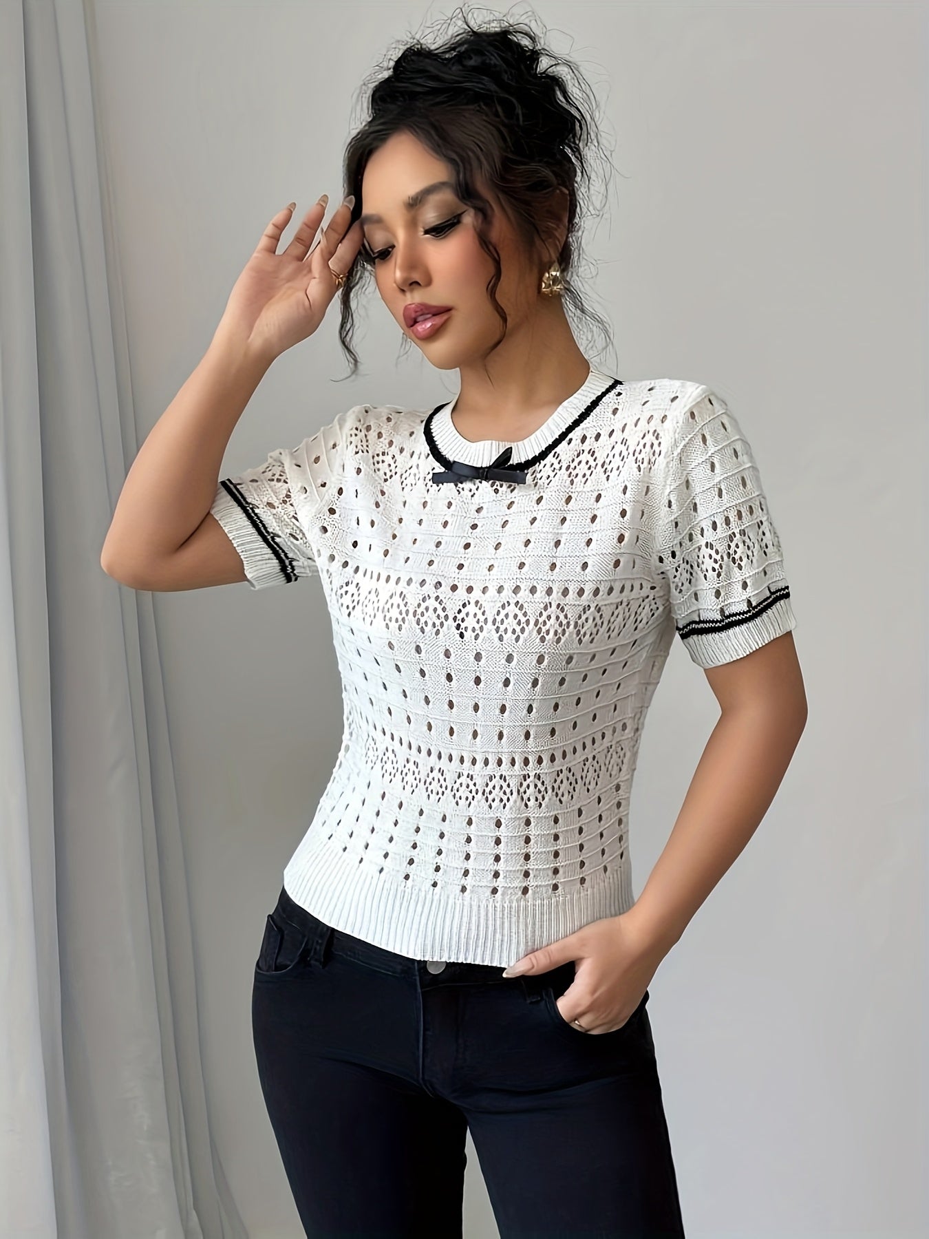 Women's Knit Summer Short Sleeve Top Round Neck Breathable Lace Pullover