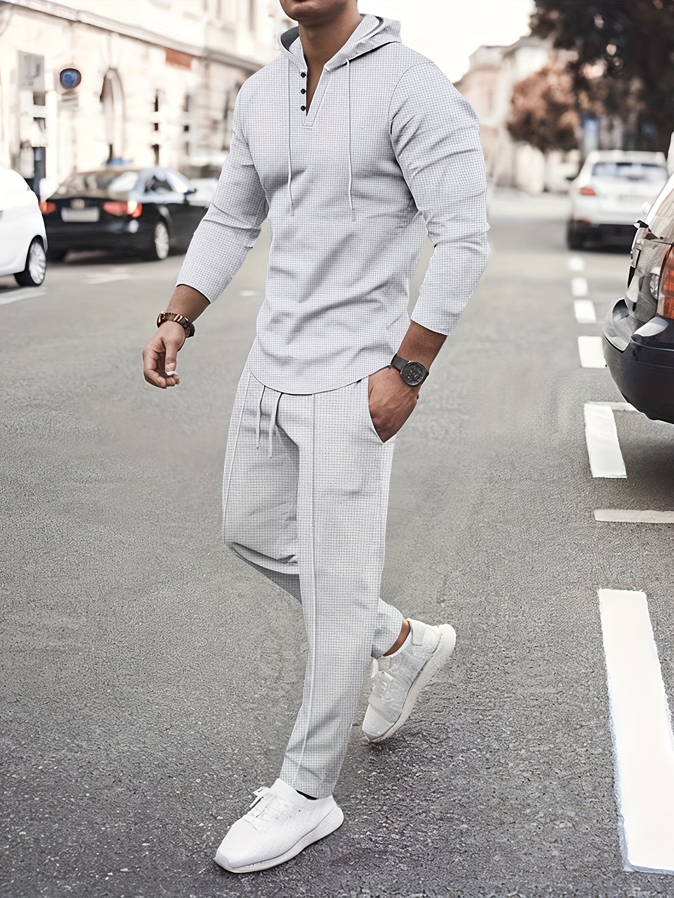 Men's Long Sleeve Hoodie and Pants Set Solid Waffle Knit Casual Autumn