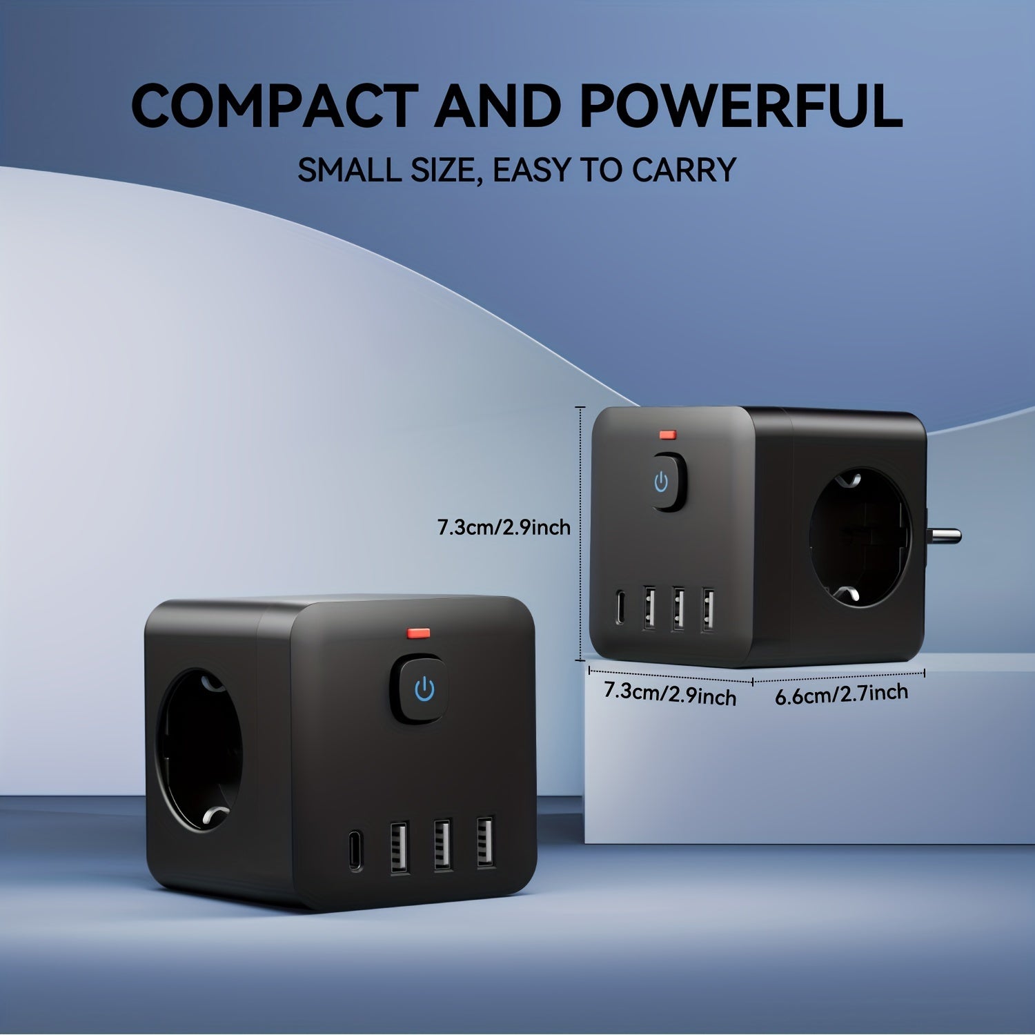 Compact Power Strip with 3 EU Outlets 3 USB Ports Type-C Overload Protection