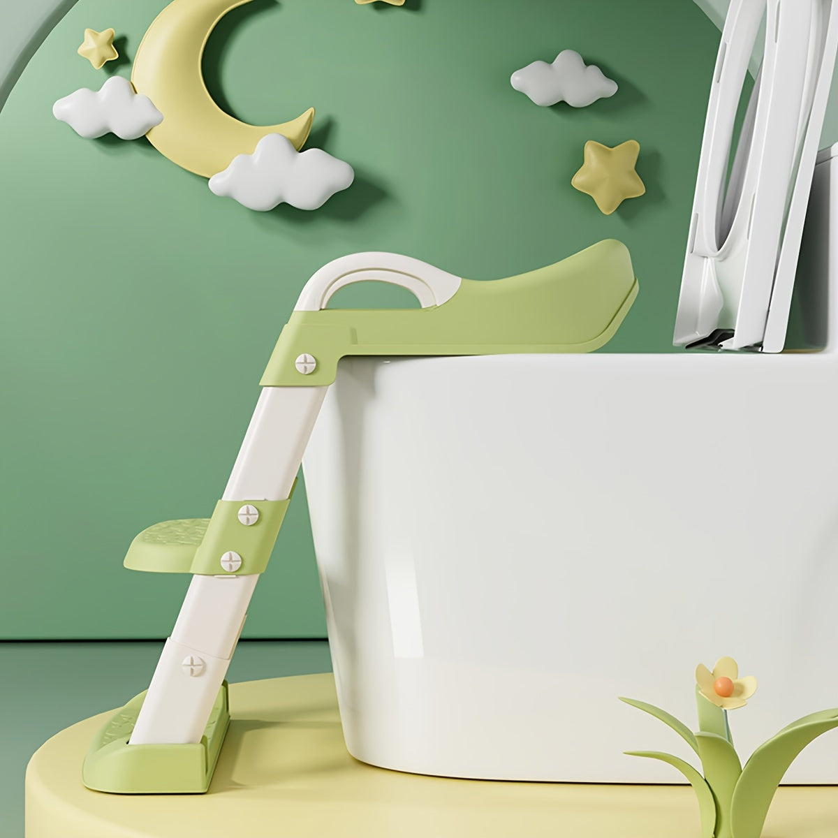 Bolalar uchun potty tayyorlashda xavfsizlik tutqichlari bilan sozlanadigan balandlikdagi qadam stuli, o'g'il va qizlar uchun mos keladigan zinapoya va yig'iladigan plastik stulni o'z ichiga oladi.