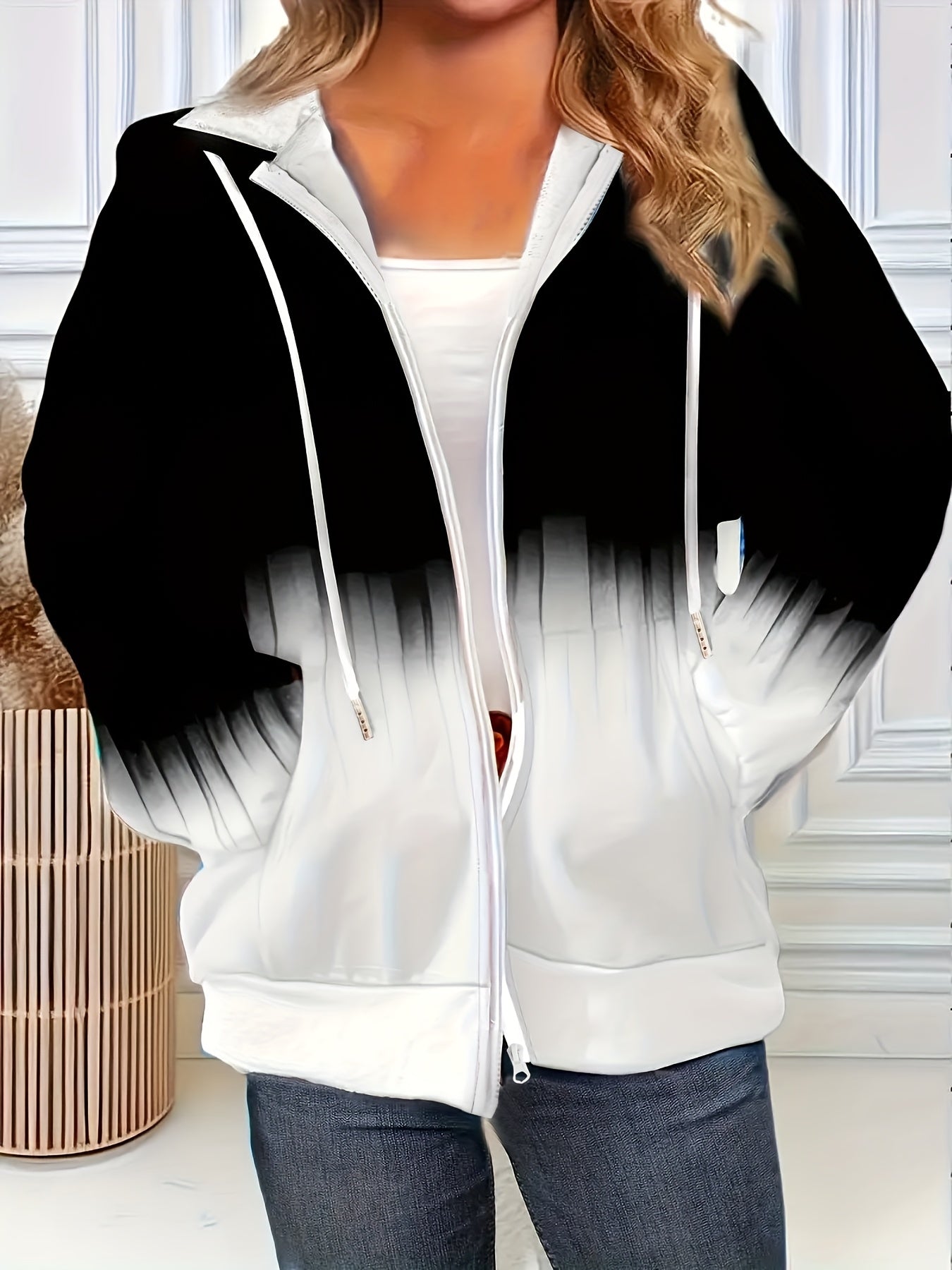 Women's Plus Size Hoodie Zip-Up Jacket Black to White Ombre Outerwear