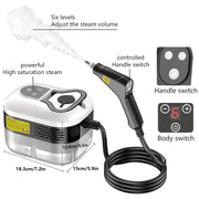 1.2L sig‘imi, 130°C maksimal harorat, 600W+ quvvat, bosish boshqaruvi, EU ro‘zg‘or ro‘zg‘ori bilan qo‘lda bug‘li tozalash qurilmasi, turli tozalash vazifalari uchun nozzel, rulonli cho‘tka va tozalash mato bilan ta'minlangan.