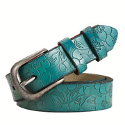 Women's Leather Flower Embossed Belt with Vintage Pin Buckle for Casual Jeans