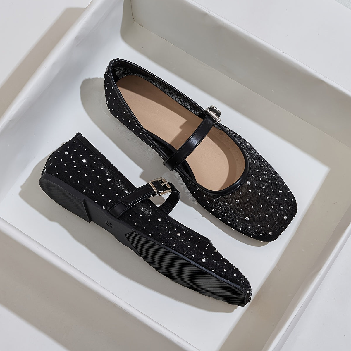 Zapatos planos de malla negra para mujer tipo Mary Jane con adornos de cristales