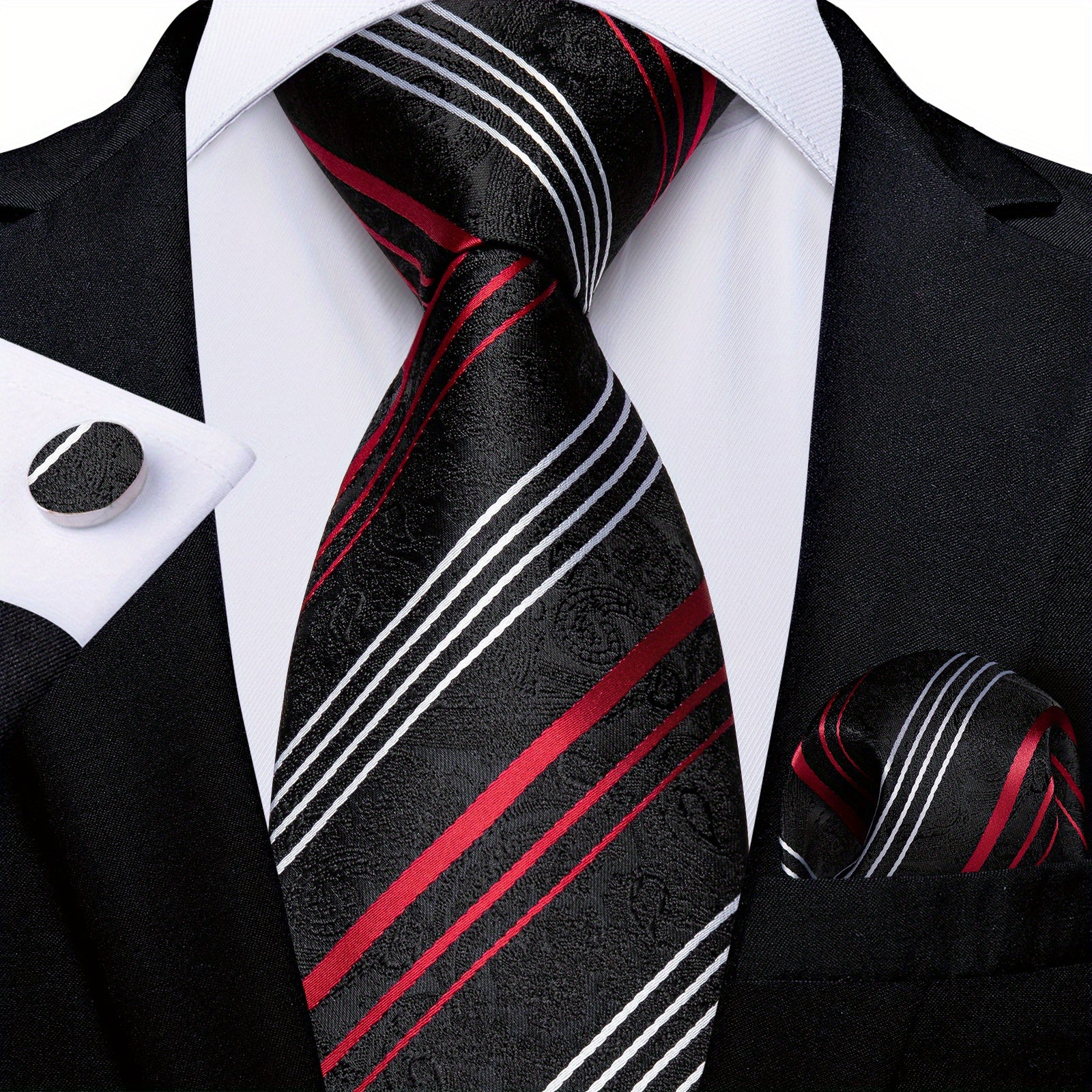 Men's Striped Necktie Set with Handkerchief and Cufflinks for Weddings and Business