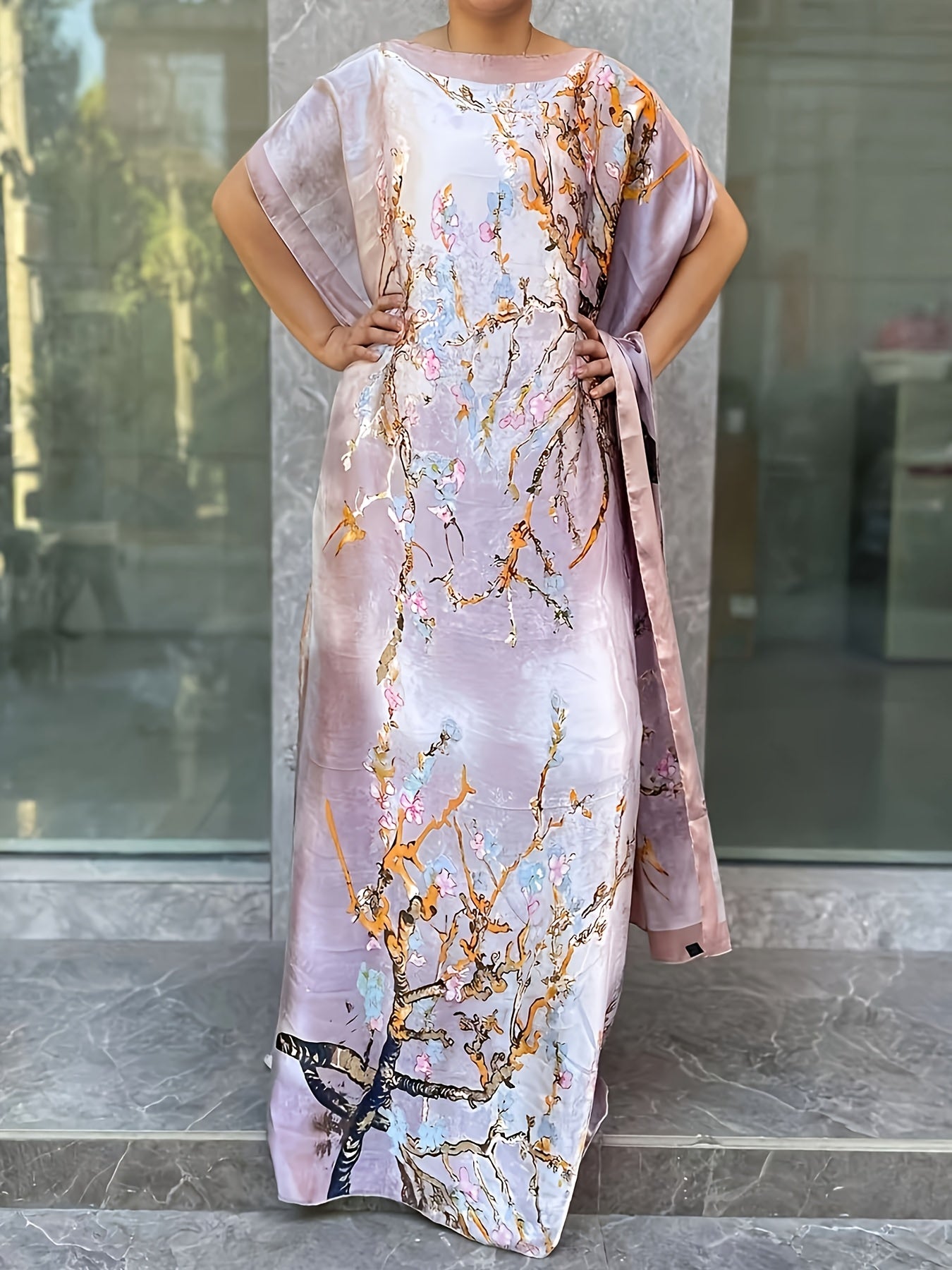 Plus Size Floral Longline Dress Short Sleeve Crew Neck Summer Women's Clothing