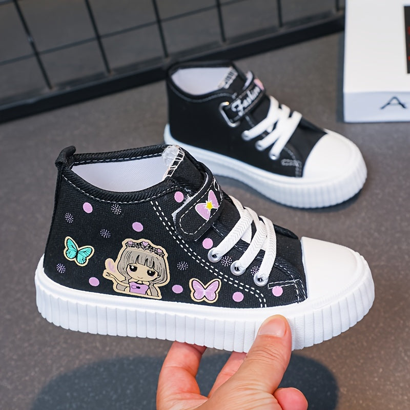 Girls' Canvas Sneakers with Cartoon Pattern, Ruffled Details, Hook-and-Loop Closure