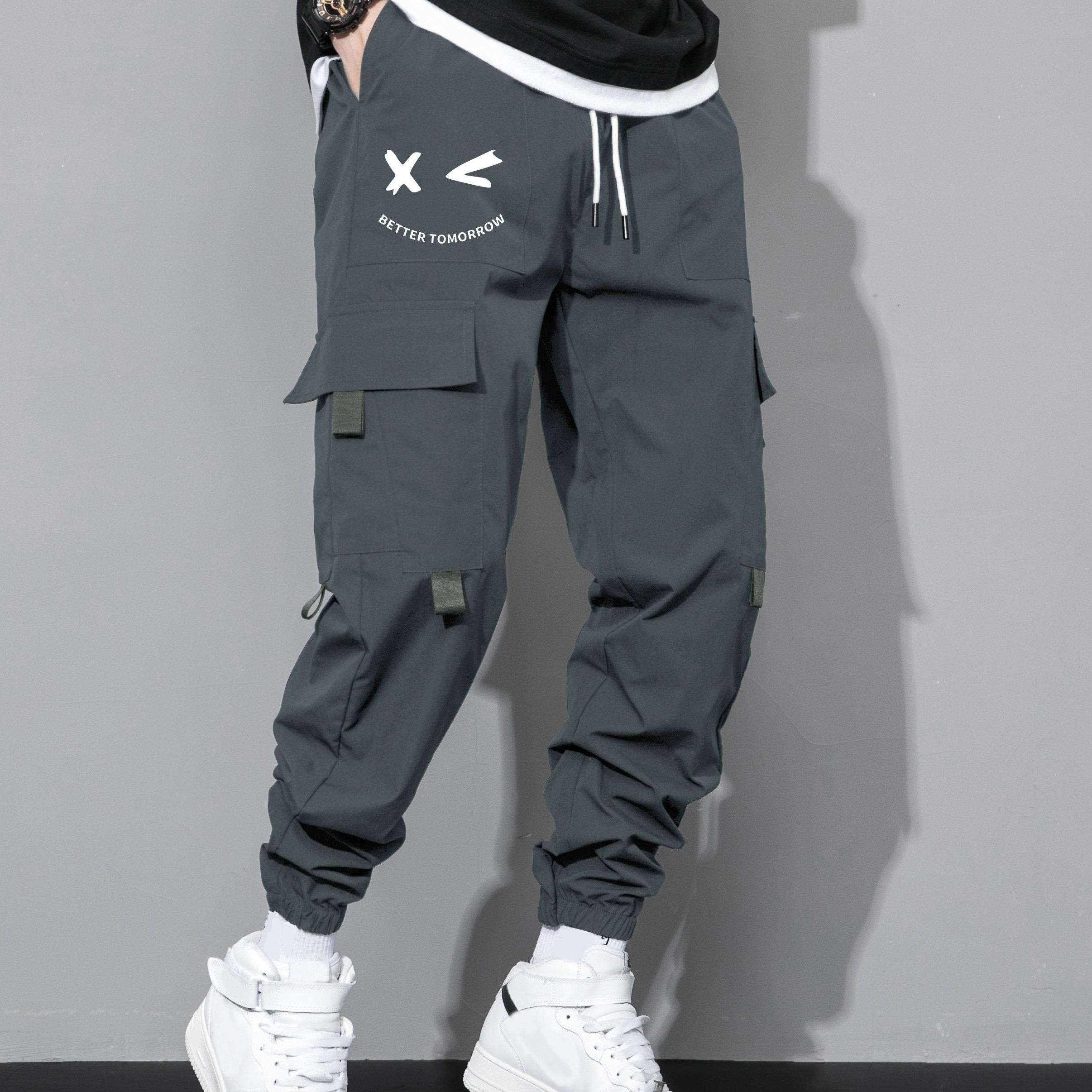 Men's Cargo Pants with Multiple Pockets Polyester Loose Fit Drawstring Waist Casual Outdoor Streetwear