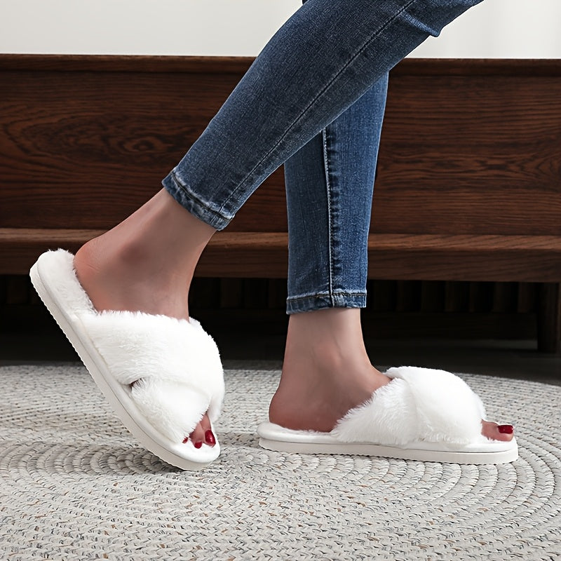 Women's Slip-On Cross Strap House Slippers Plush Furry Lining Flat Shoes