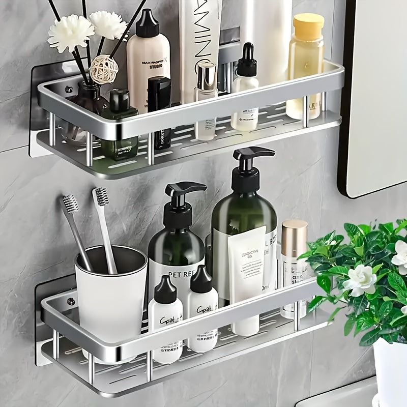 Wall-Mounted Bathroom Shelf Rack with Adhesive Shower Basket for Toiletries and Kitchen Storage