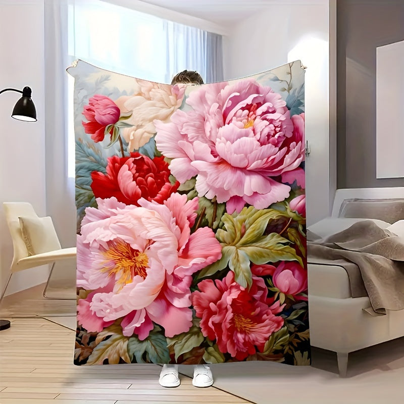 Flannel Throw Blanket with Floral Print Soft Durable for Couch Bed All Seasons