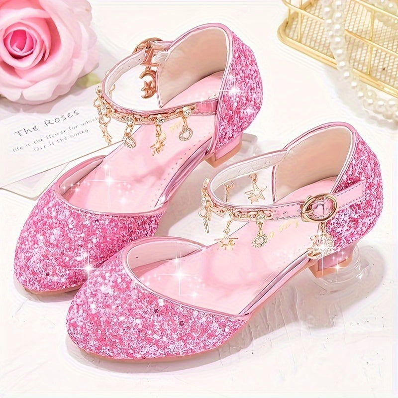 Girls High Heels Sparkling Glitter Sequin Rhinestone Star Dress Shoes for Weddings Performances