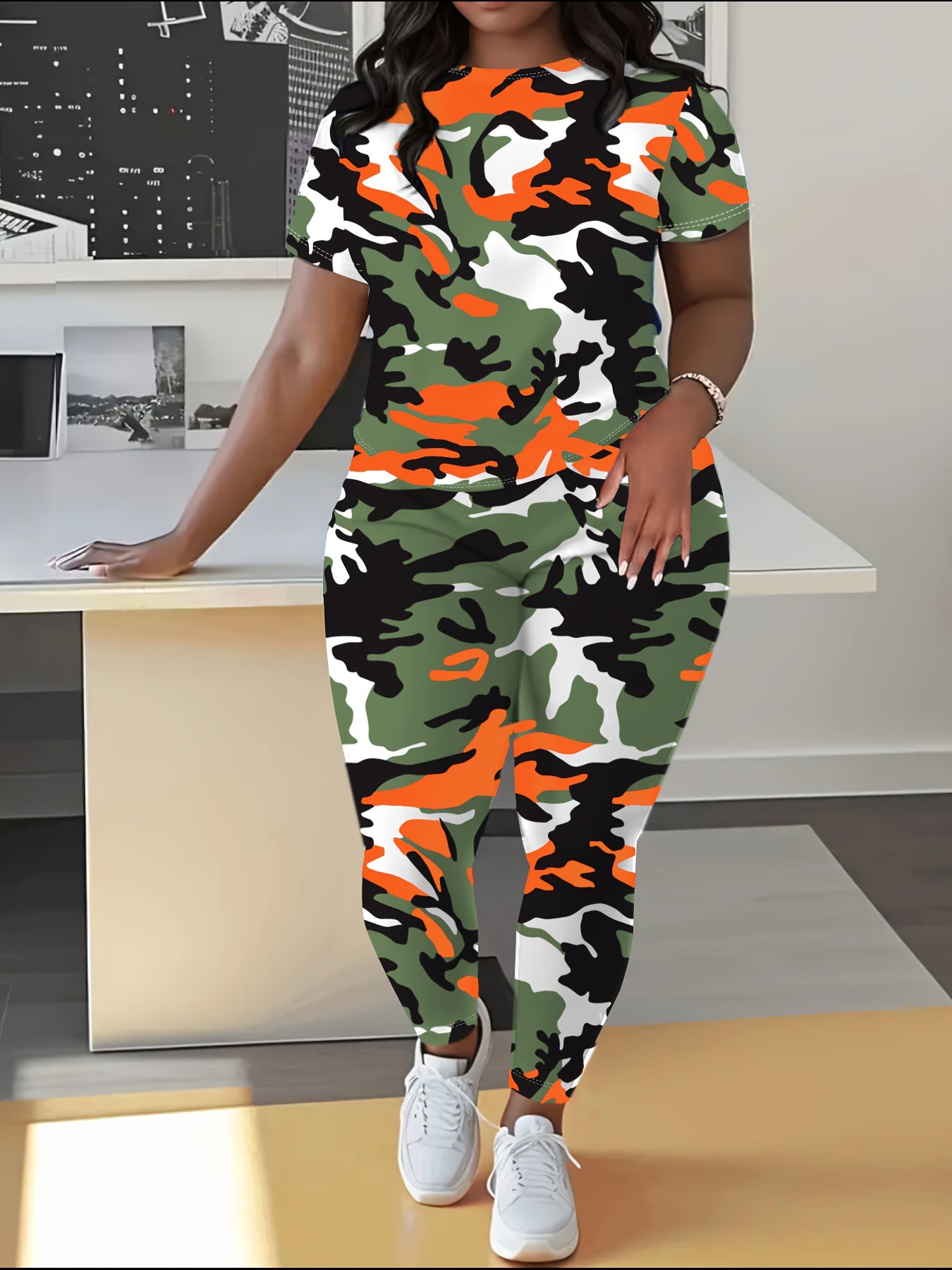 Plus Size Camouflage Orange Sports Outfit Women Activewear
