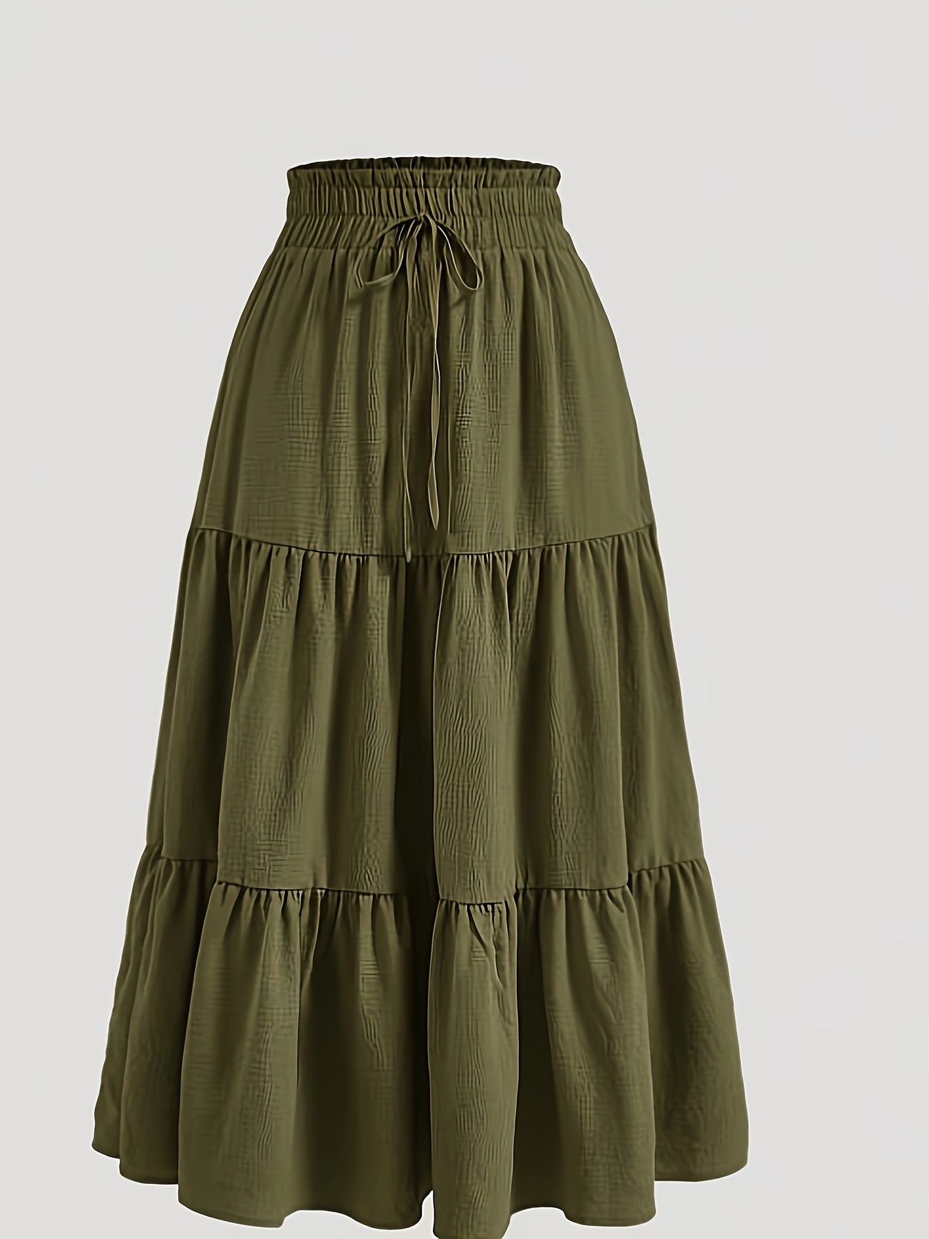 Plus Size Women's Ruched Tiered Skirt Elastic Waist Midi Flared Solid Color Summer Spring