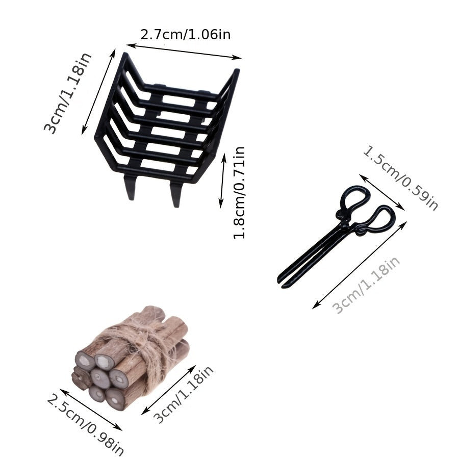 Vintage Mini Fireplace Scene with Black Metal Log Rack for Home Decor