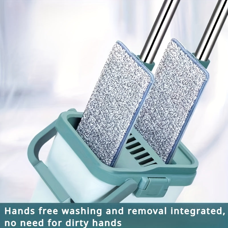 Flat Floor Mop Set with Reusable Pads, Dual Wet and Dry, Self-Wringing Bucket