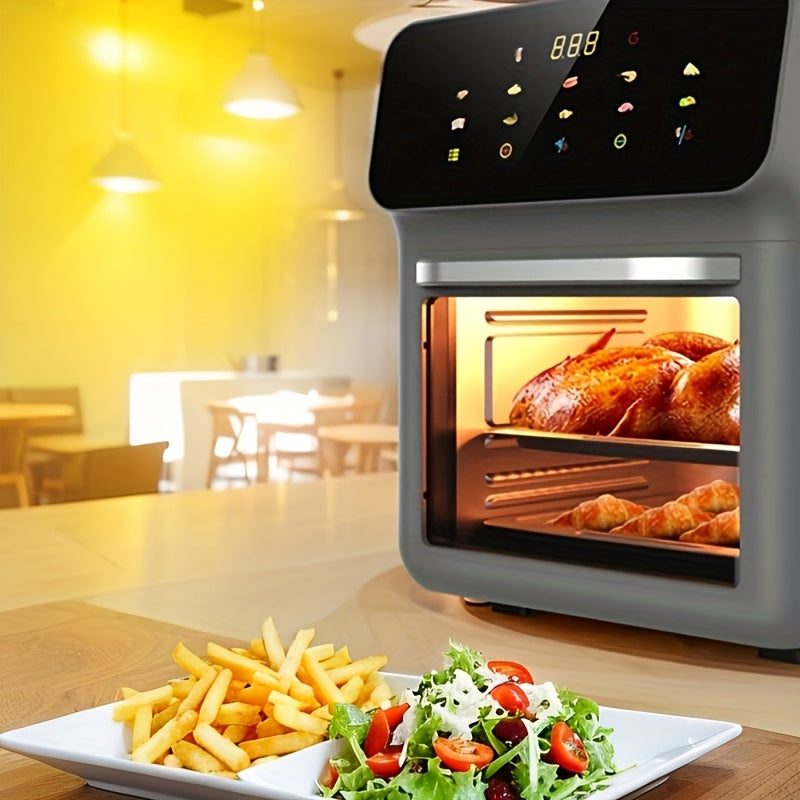 Katta hajmli ko'p funktsiyali uy oshxona airfryeri, kam yog' va yog'li, issiq havo aylanishi, aqlli tegish nazorati, o'chirish xavfsizlik funksiyasi, katta ko'rish oynasi, ikki qatlamli issiqlikka chidamli.