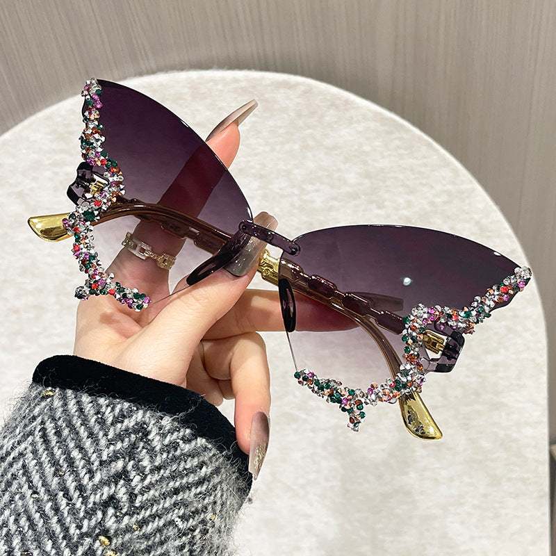 Women's Butterfly-Shaped Rimless Glasses with Rhinestone Accents and Polycarbonate Lenses