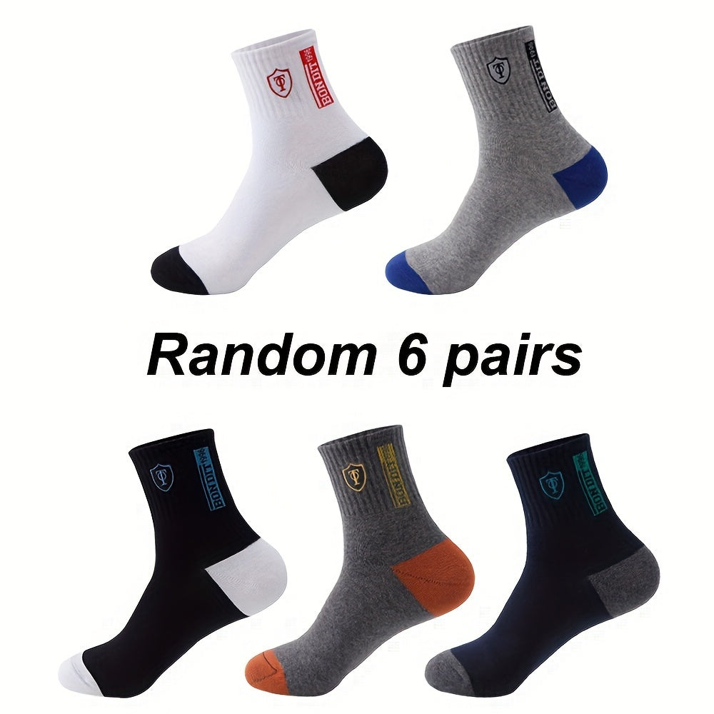 Men's Cotton Sports Socks 6 Pairs Sweat-Wicking Embroidered Knit Mixed Colors Machine Washable
