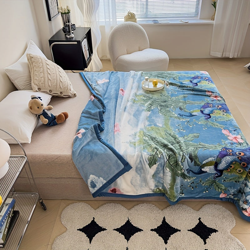 Luxurious Peacock and Floral Coral Fleece Throw Blanket Thick Milk Velvet Cozy Nap Office Use Year-Round Warmth