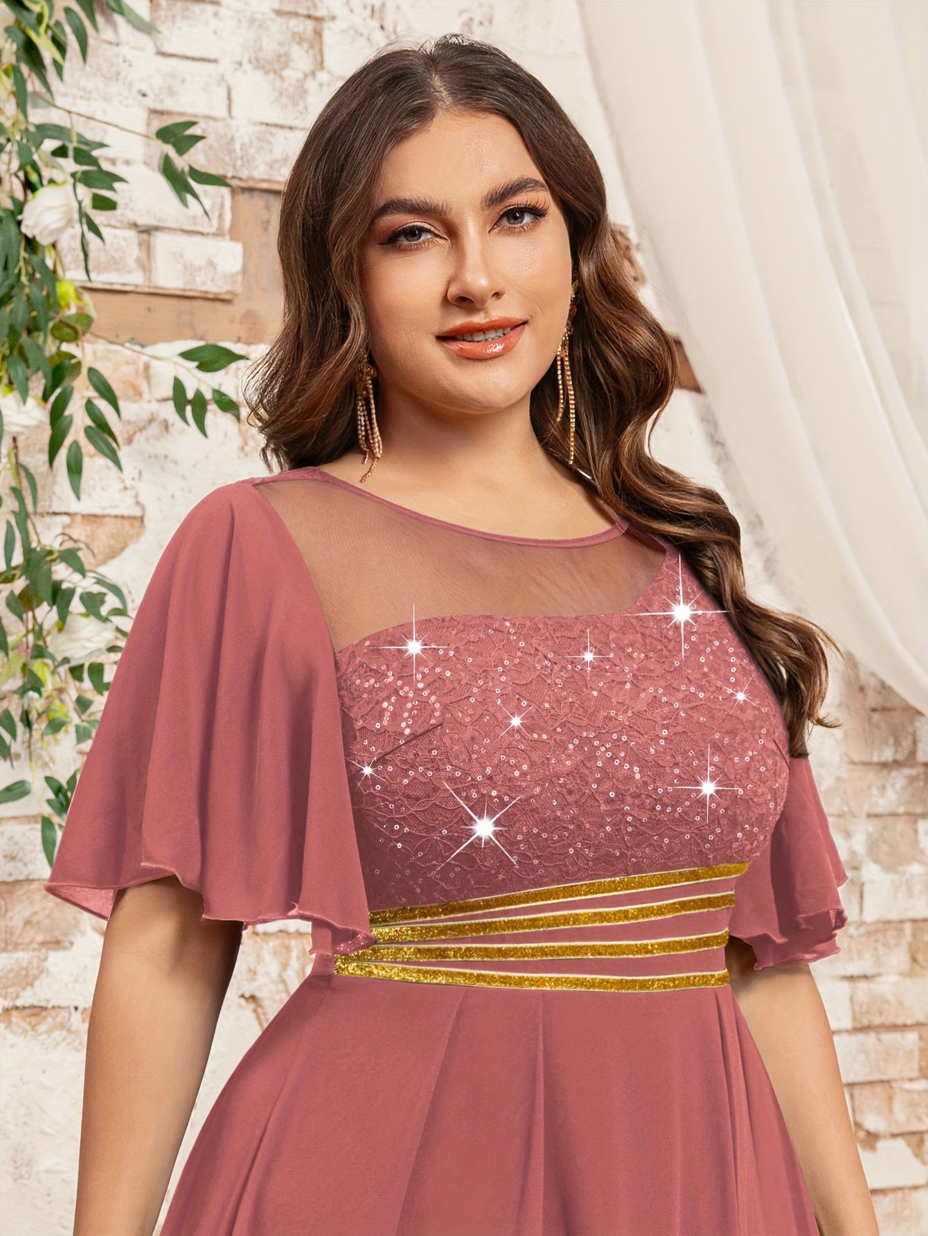 Plus Size Women's Mauve Lace Beaded Formal Floor-Length Dress for Weddings