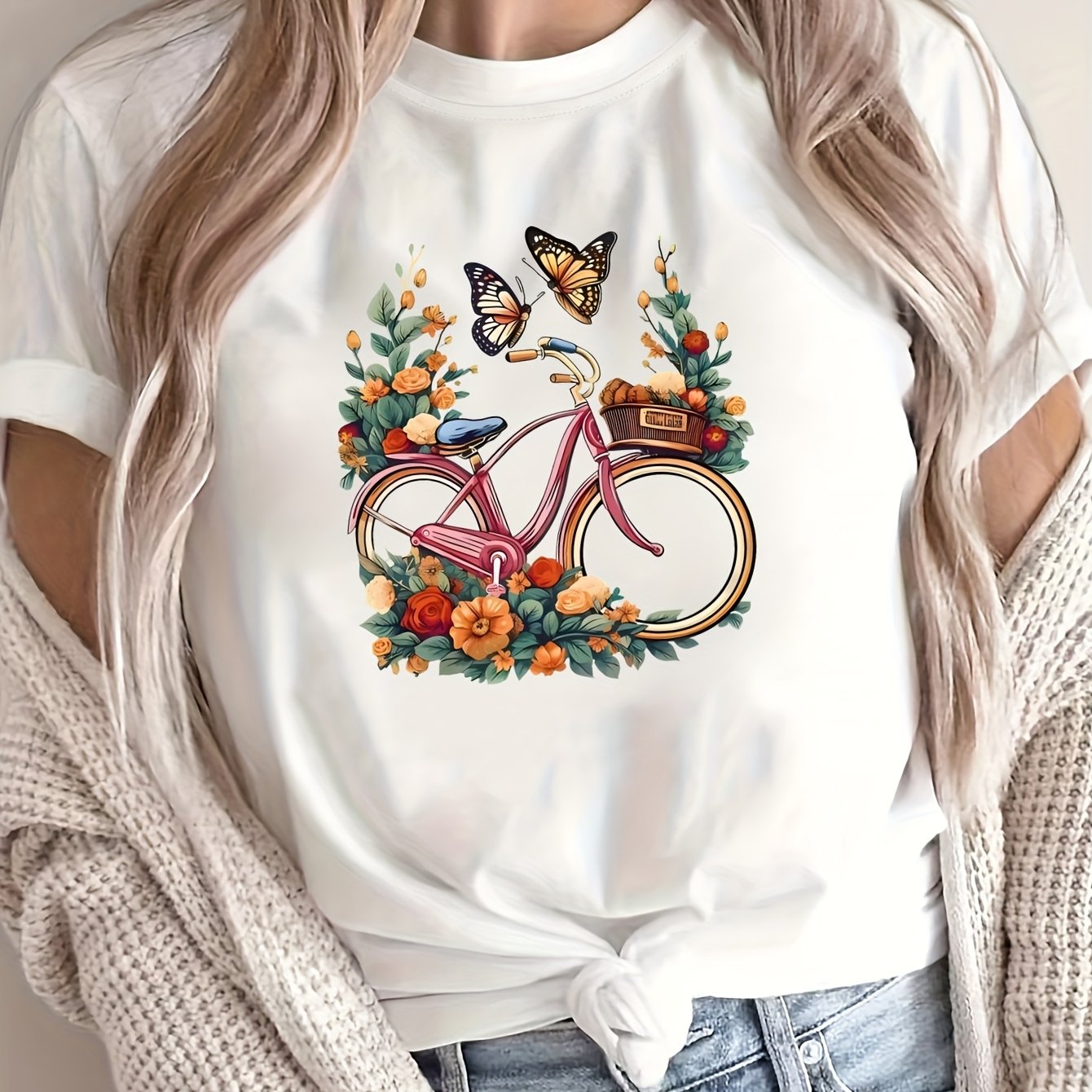 Women’s Floral Bicycle Print T-Shirt Casual Crew Neck Breathable Polyester Black