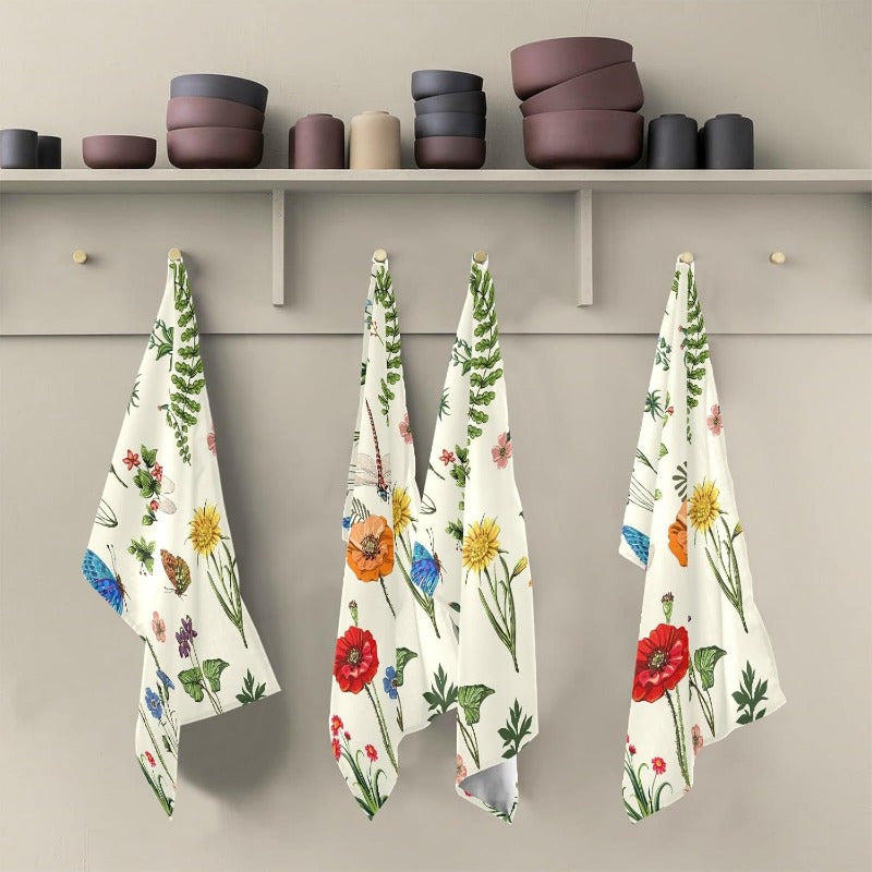 Christmas Summer Flowers Dragonfly Kitchen Dish Towel Green Leaves 45x66 cm Absorbent Reusable
