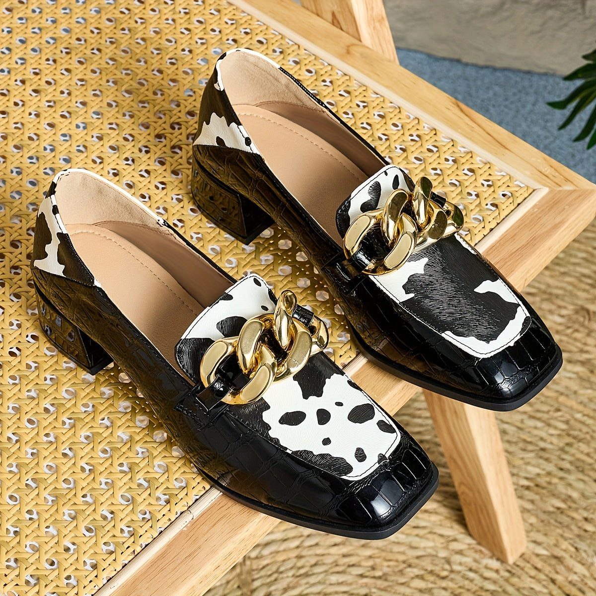Women’s Faux Leather Penny Loafers Animal Print Moc Toe Chunky Heel
