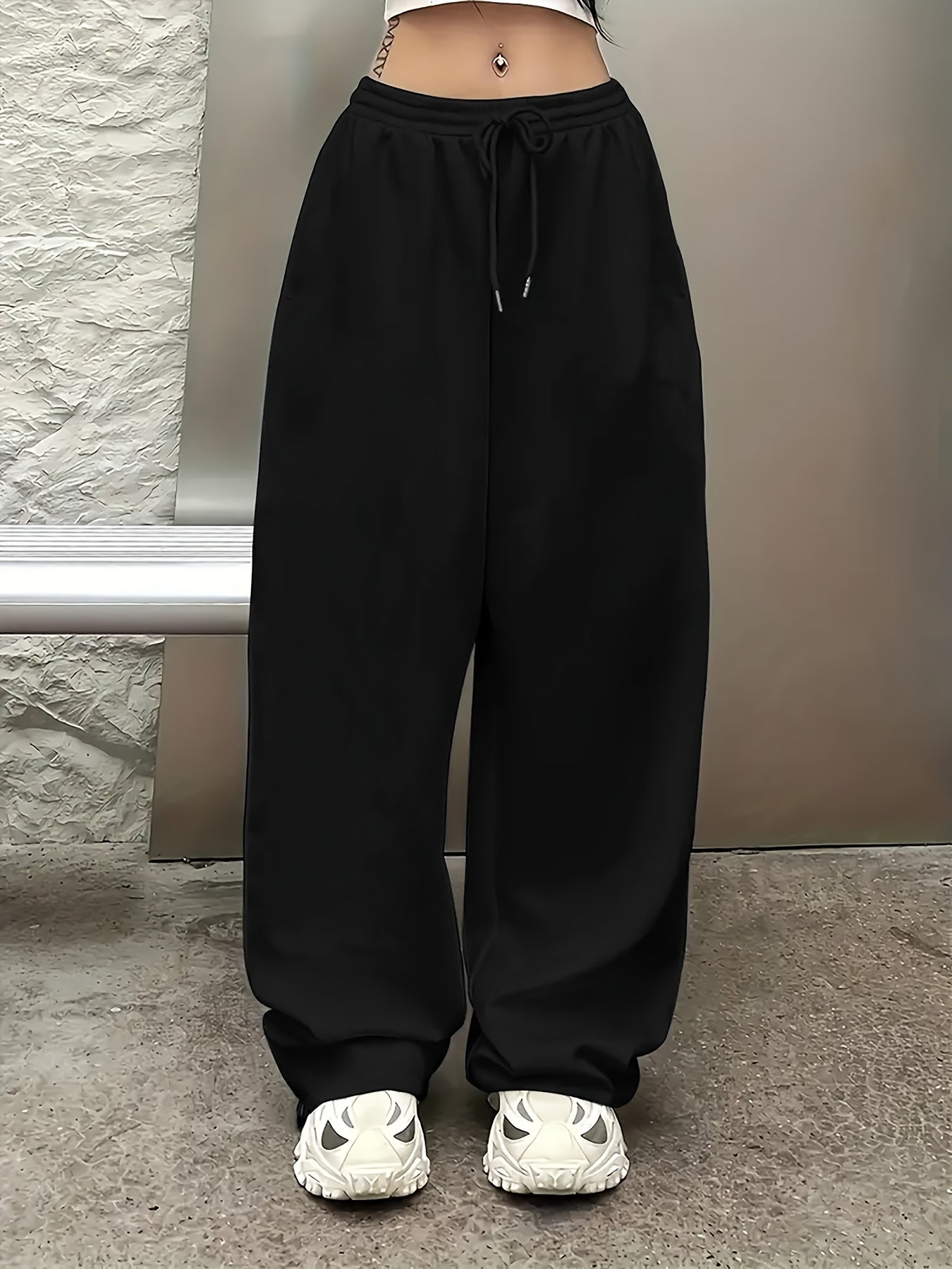 Women's Black Straight-Leg Joggers Casual Athletic Pants with Drawstring Waist Lightweight Polyester