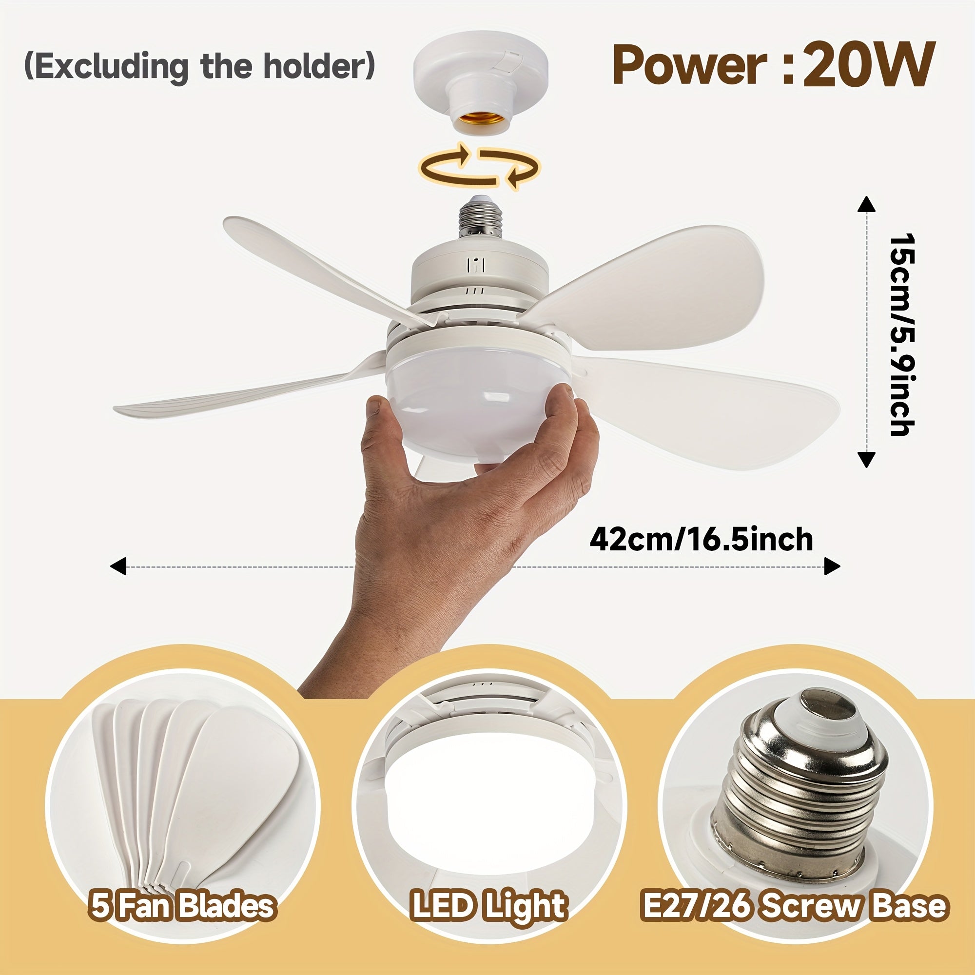 E27 E26 Socket Ceiling Fan Light with Remote 41.91cm Screw Fan 5 Blades 3 Speeds Dimmable LED