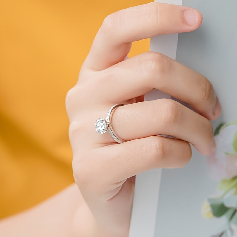 Wedding Proposal Ring Silver Moissanite Flower Design with Certificate and Box