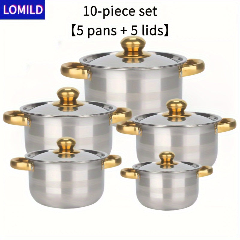 10-Donali zanglamaydigan po'latdan tayyorlangan idishlar to'plami, qozonlar va qopqog'lar bilan oshxona uchun