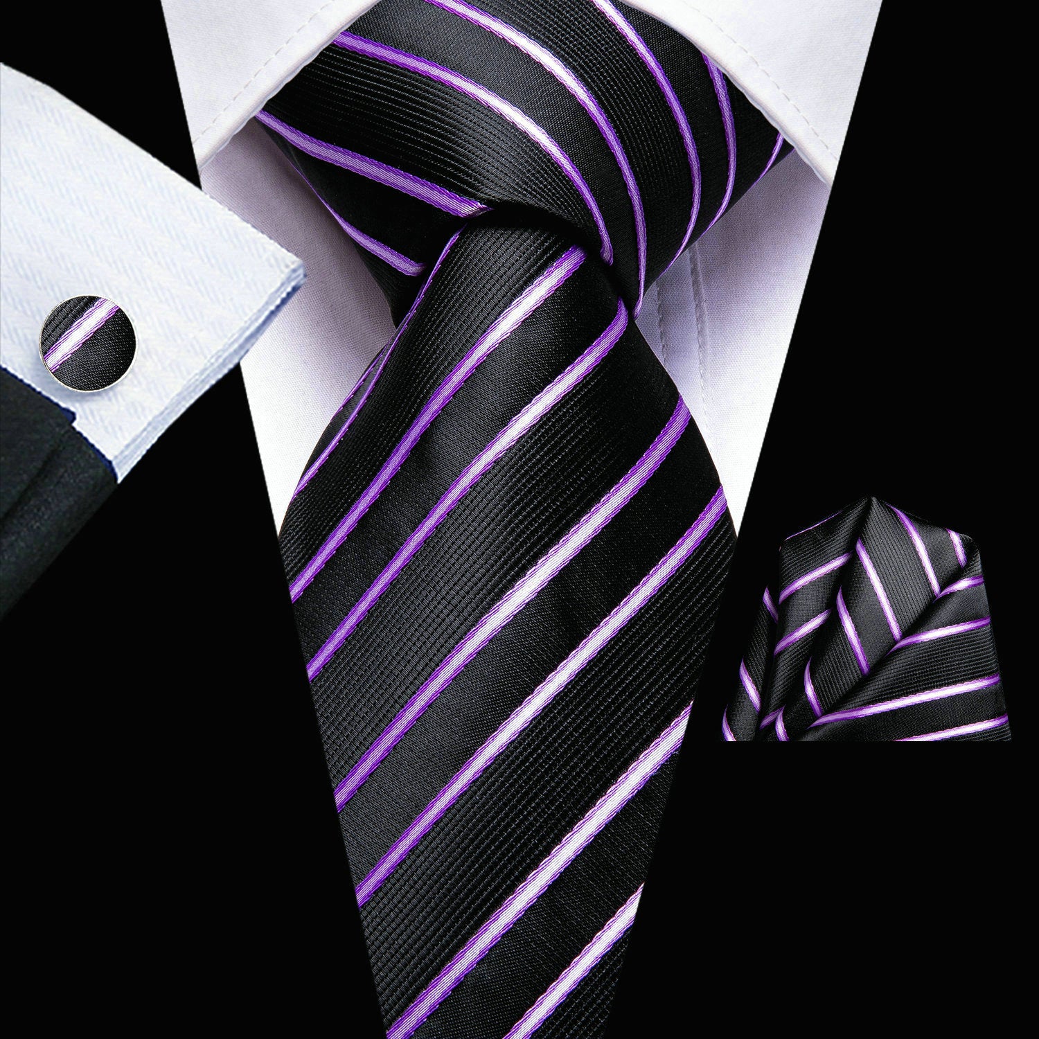 Men's Classic Striped Necktie Set with Cufflinks for Business and Party