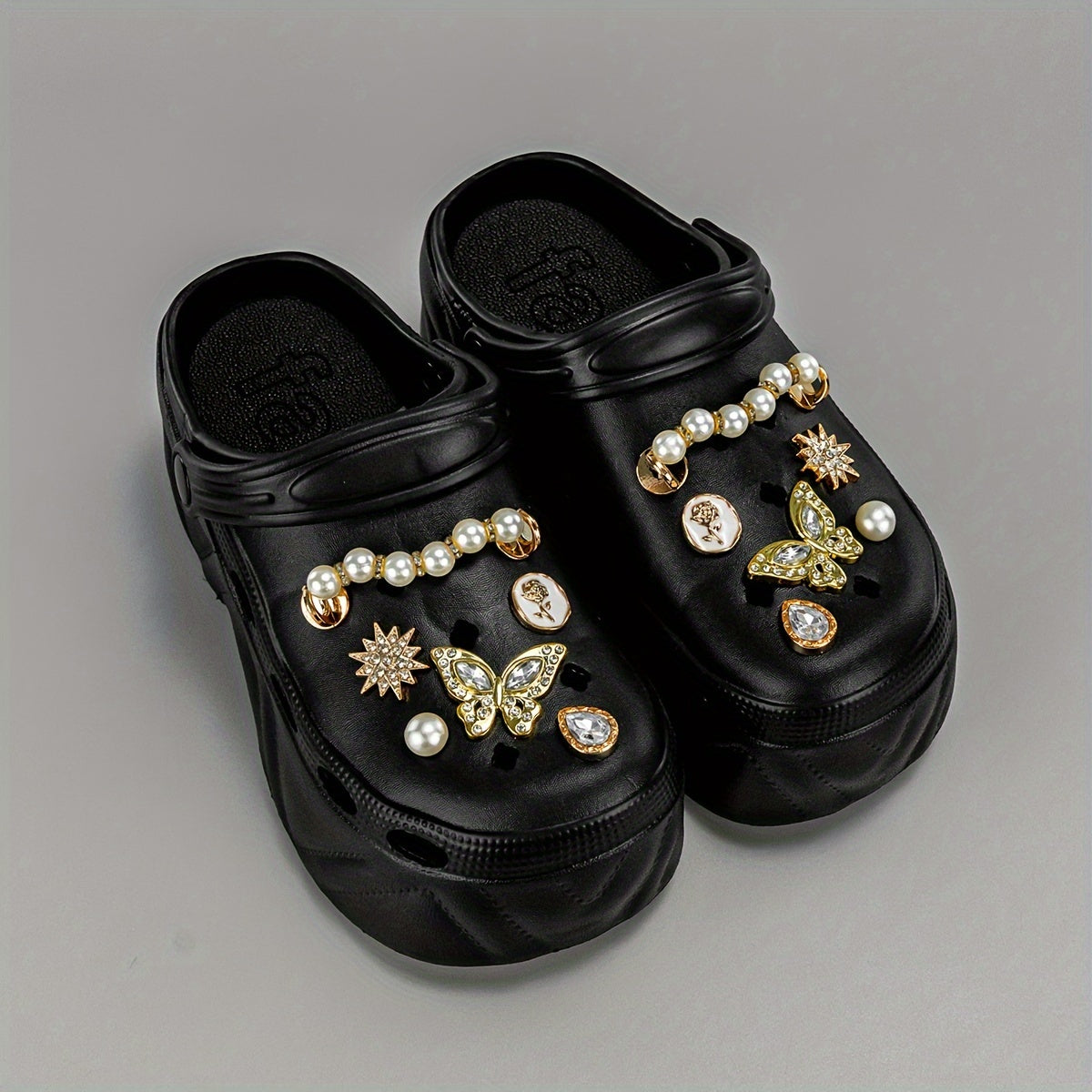 Women Glitter Embellished Mules Clogs Pearls Butterflies EVA Platform Heels