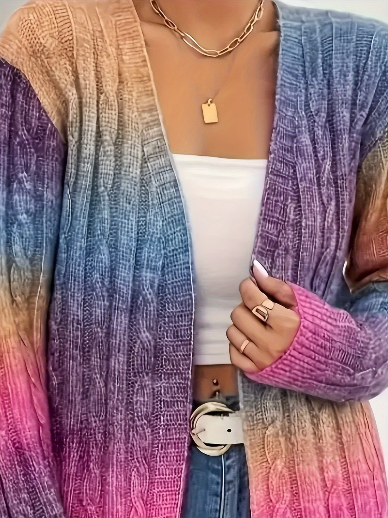 Cárdigan de punto con cable y ombré para tallas grandes, abierto, de manga larga, suéter para mujer