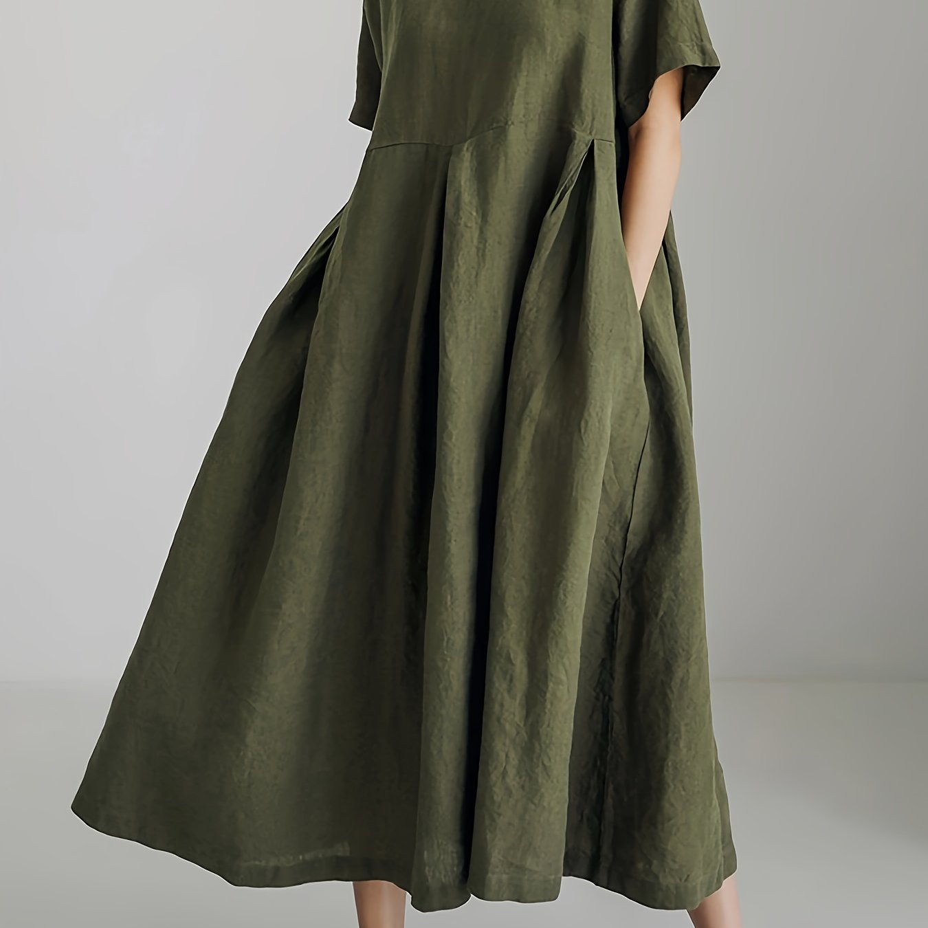 Women's Linen Blend Midi Dress with Oversized Flowy Skirt Short Sleeve Spring Summer