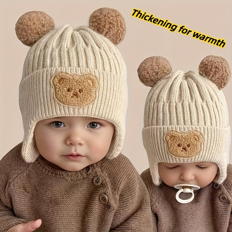 Kids' Knit Hat with Bear Theme and Ear Warmers for Toddlers in Khaki Coffee Ivory