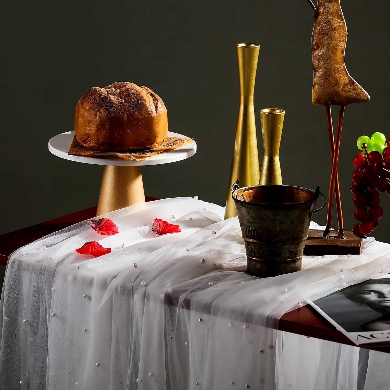 Pearl Lace Embroidered Table Runner for Wedding Arch Bridal Shower Event White Chiffon Tulle