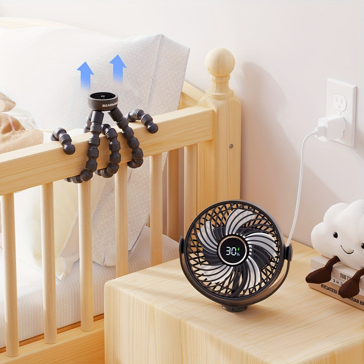 Portable USB Fan with LED Night Light, Rechargeable Battery, Touch Control, Clamp-On for Car Seat and Stroller