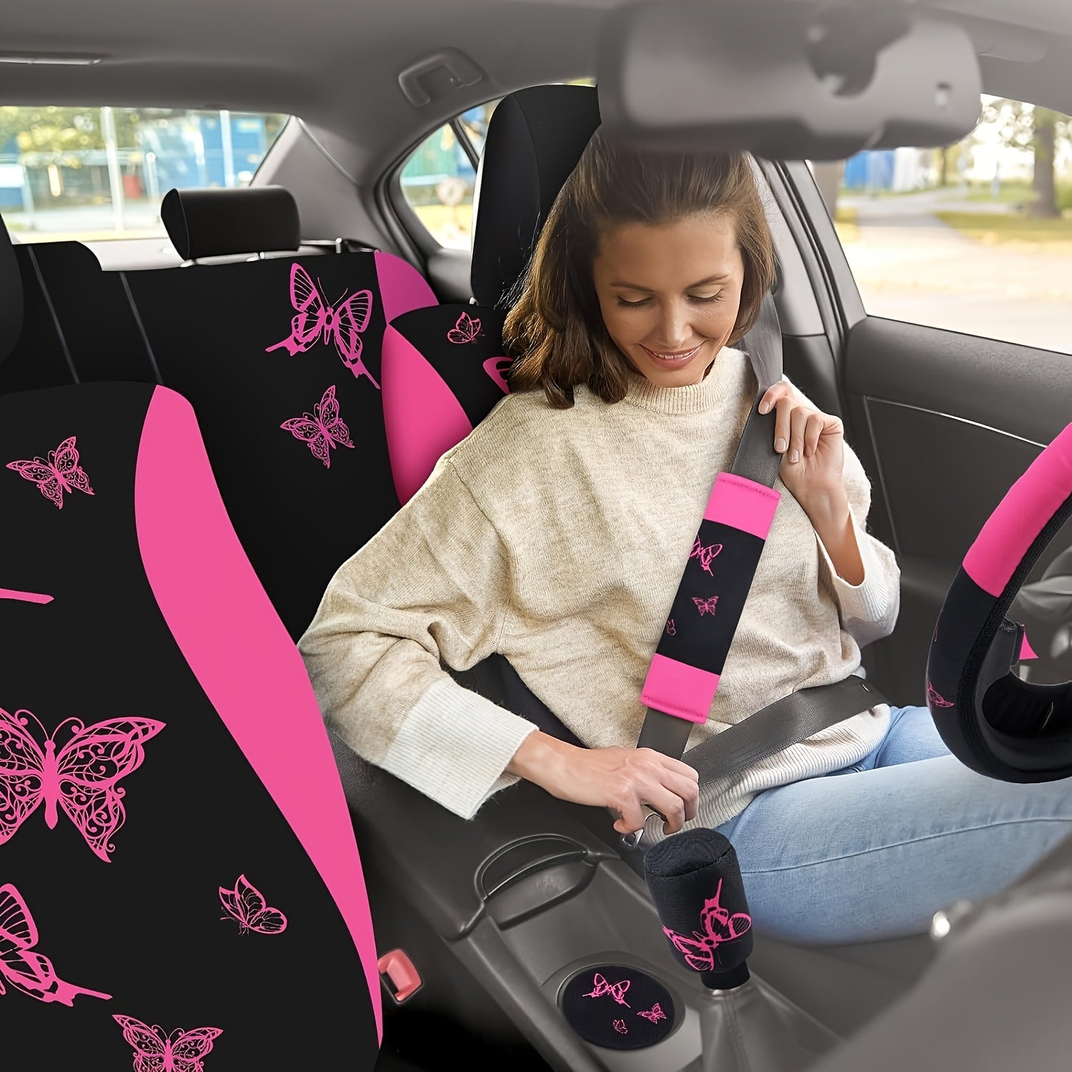43pcs Pink Butterfly Car Seat Cover Set for SUV Sedan Universal Fit