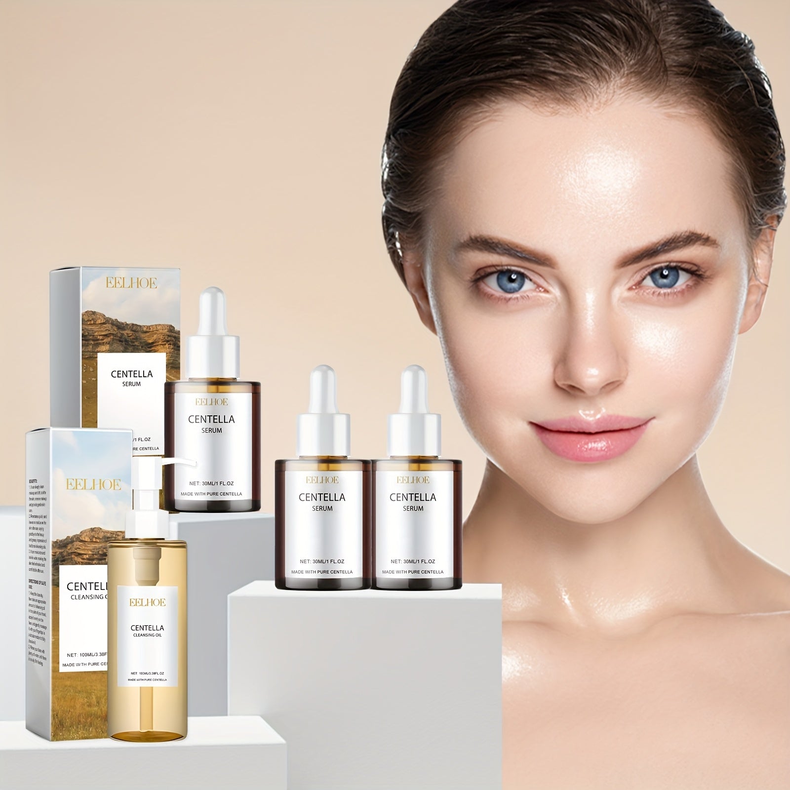 3 dona Centella Asiatica essensiyasi va 1 dona tozalovchi moy yuzni yangilash, yumshoq namlantirish va tozalash uchun ishlaydi, bu esa quruq terini yaxshilash va silliq, yumshoq teriga erishishga yordam beradi.